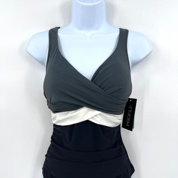 PROFILE BY GOTTEX Lets Twist One Piece Swimsuit Women 16 Black Gray V Neck Tank - Picture 6 of 16